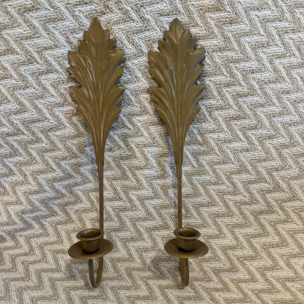 Vintage Gold Tone Metal Feather Leaf Wall Scones Candle Holders Set of 2